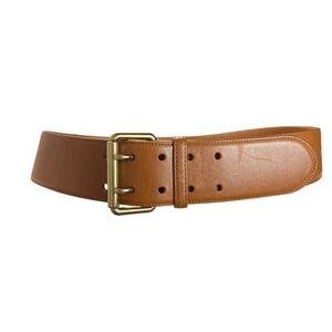 RALPH LAUREN Leather Double-Prong Belt - RL Gold in Cognac Size L